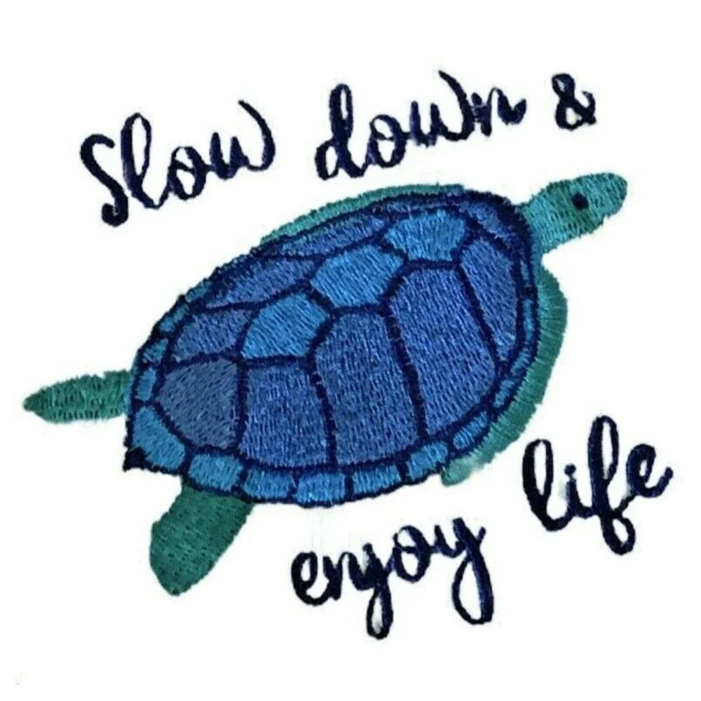 Sea Turtle Hand Towels Embroidered Bathroom Beach Summer Slow Down Blue Set of 2